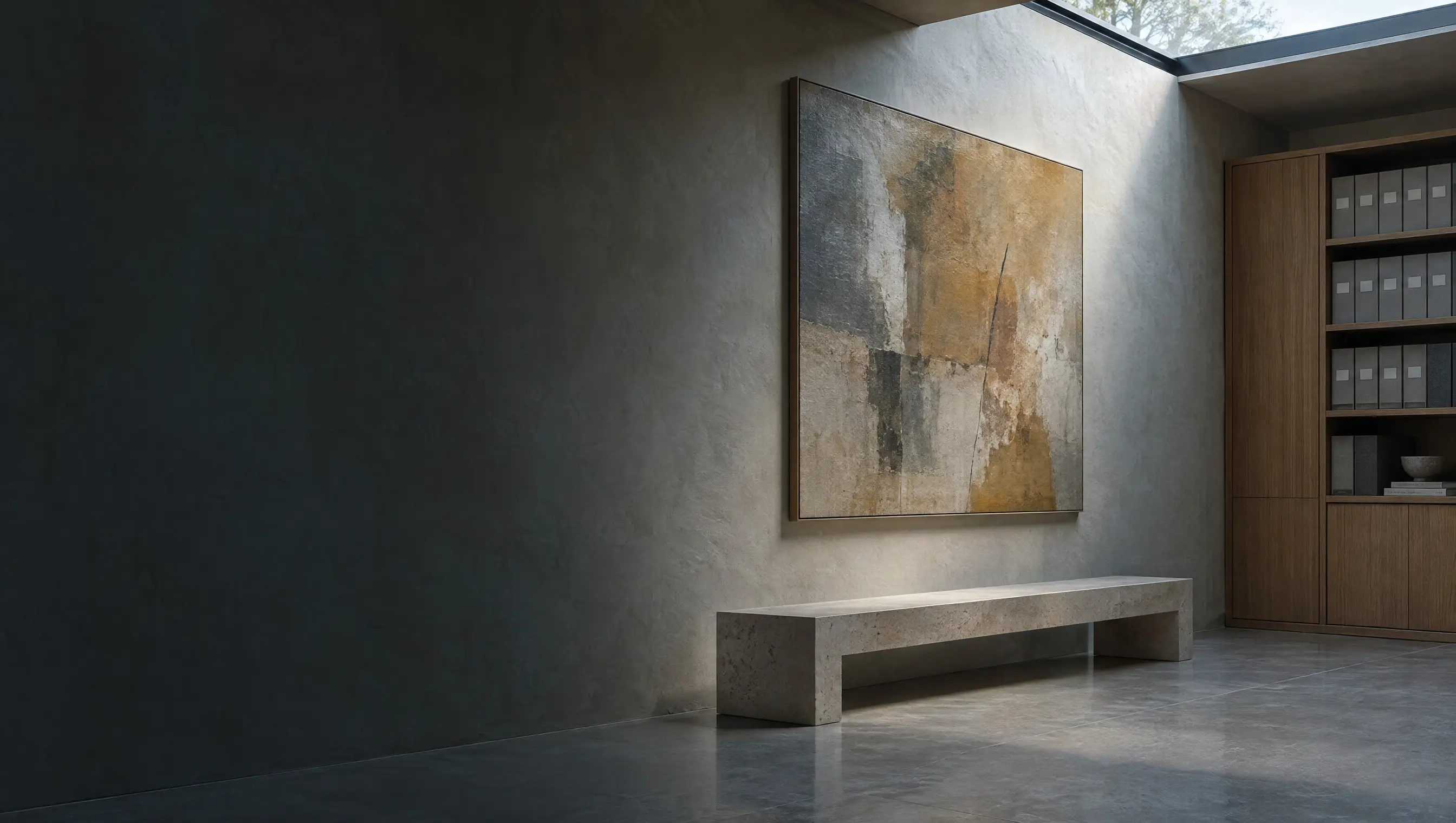 Diskreter Raum mit Kunstwerk und Archivschrank im Tageslicht