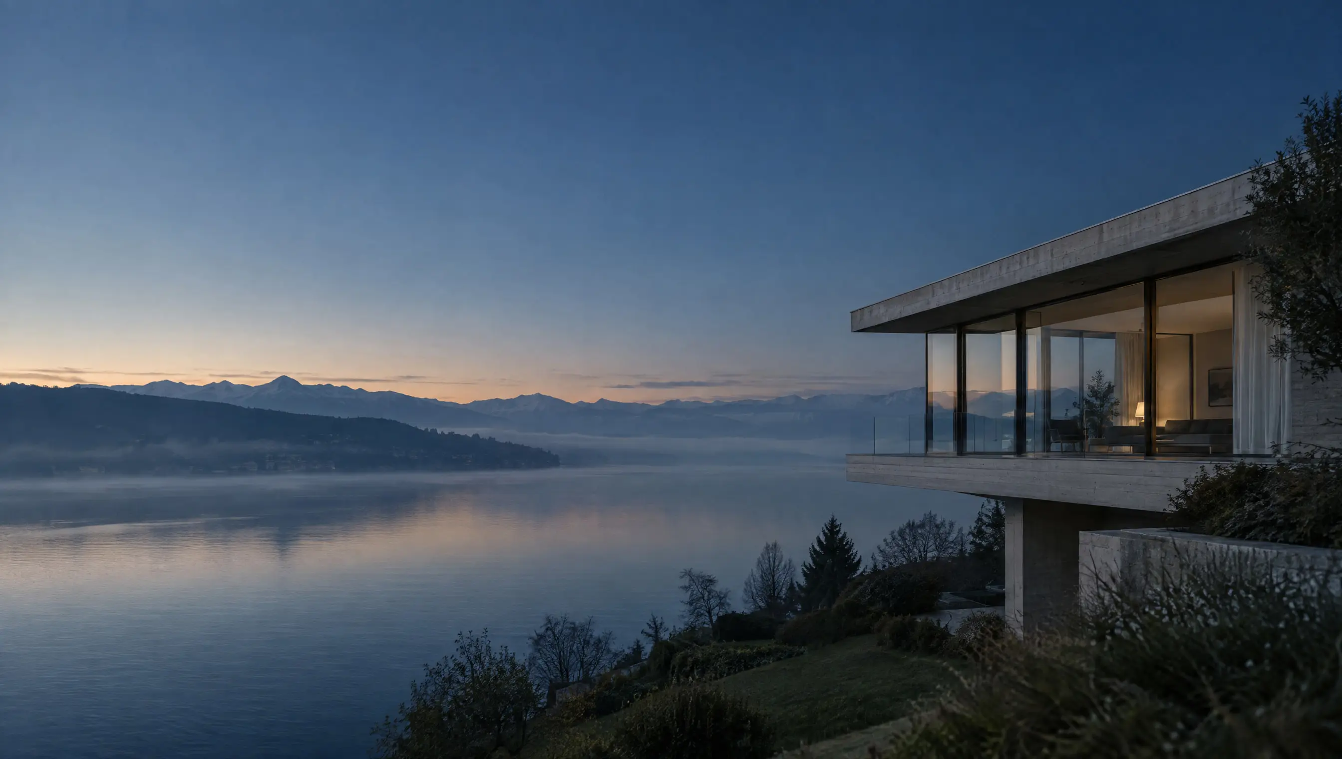 Moderne Architektur über dem Zugersee im ersten Morgenlicht