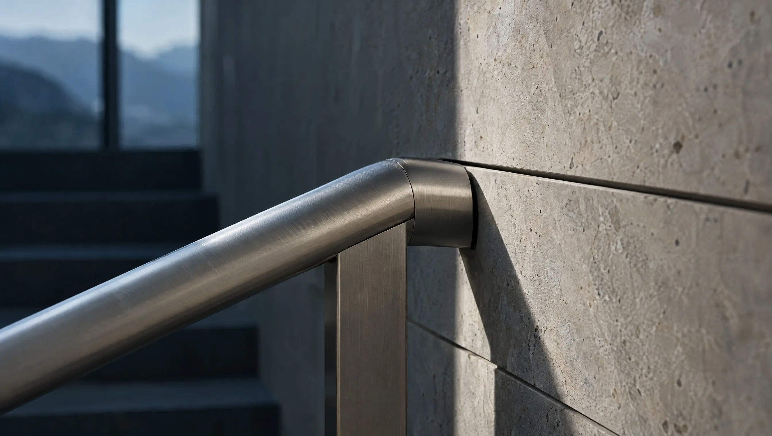 Detail eines Handlaufs aus Edelstahl an einer Kalksteinwand