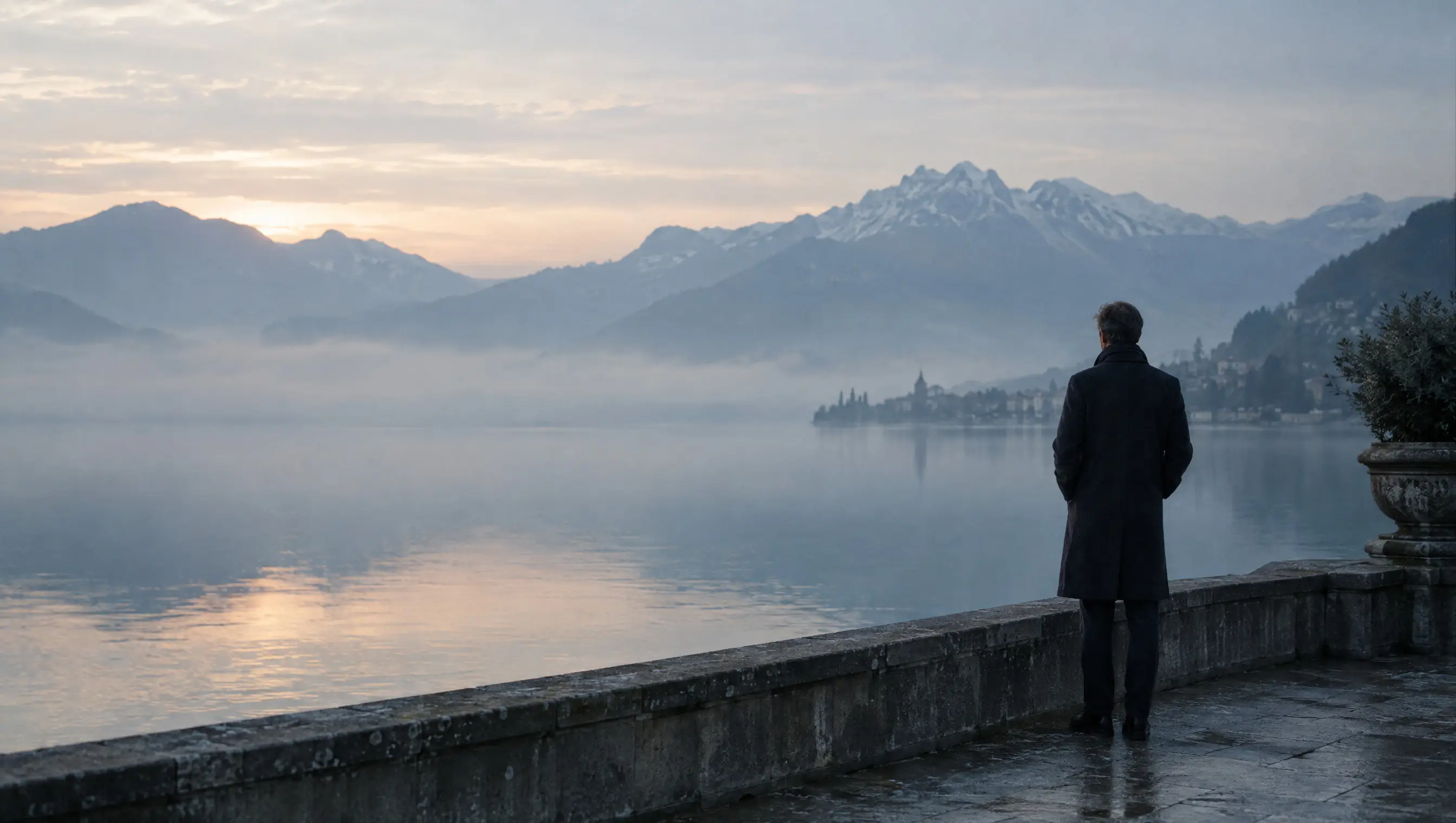 Eine Person auf einer Terrasse blickt im Morgenlicht über den See